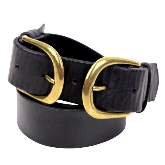 BDG BLACK GENUINE LEATHER 1.5"Wd DOUBLE BUCKLE CASUAL WOMEN'S BELT Sz S/M (C95 - Picture 1 of 10